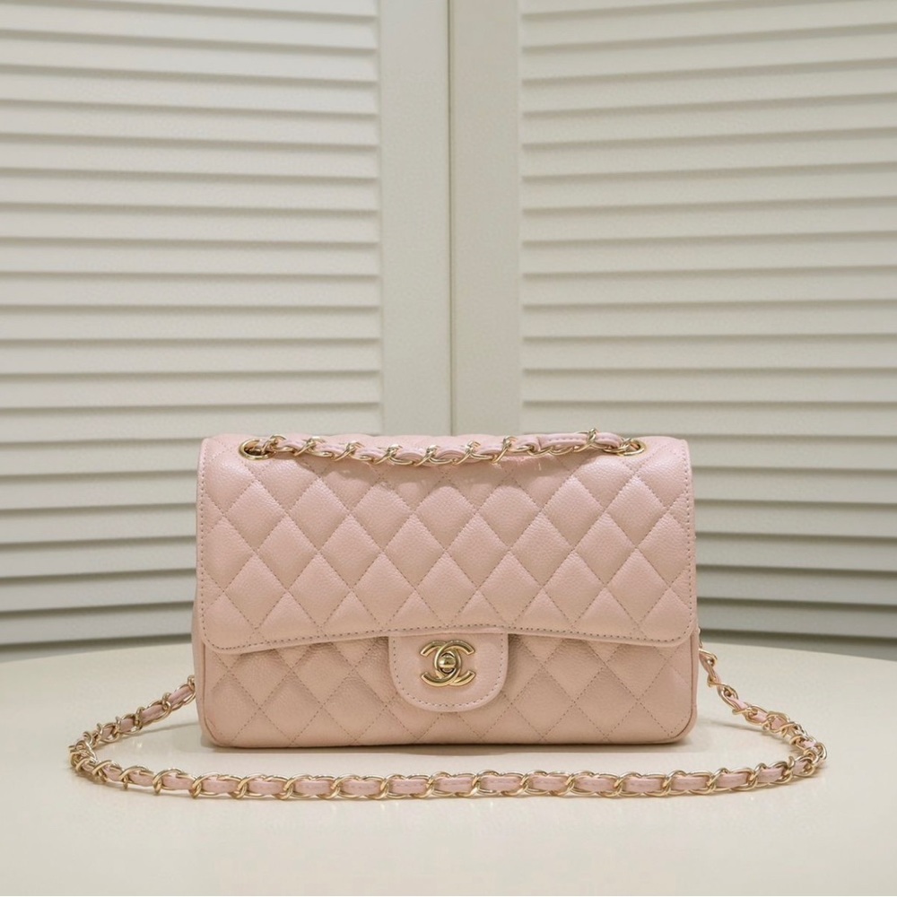 Chanel Medium Classic Double Flap Bag Beige Caviar Light Gold Hardware